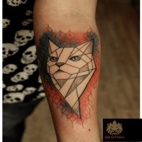 Geometrical style colored forearm tattoo of cat statue