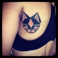 Geometrical style colored scapular tattoo of cat shaped statue