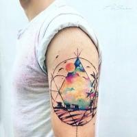 Geometrical style colored shoulder tattoo of various ornaments