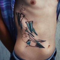 Geometrical style colored side tattoo of flying paper planes