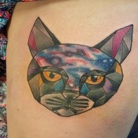 Geometrical style colored tattoo of cat stylized with stars