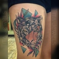 Geometrical style colored thigh tattoo of tiger head with leaves