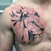 Geometrical style detailed chest tattoo of lion head