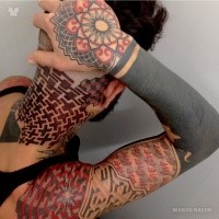 Geometrical style incredible looking colored sleeve and neck tattoo of various figures