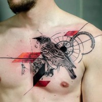 Geometrical style painted colored realistic bird tattoo on chest