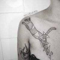 Geometrical style shoulder tattoo of cat with triangles and lines