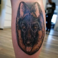 Tatuaje en la pierna,
retrato de pastor alemán dulce atendo