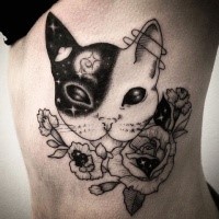 Ghost like black ink dot style side tattoo of amazing cat with stars and flowers