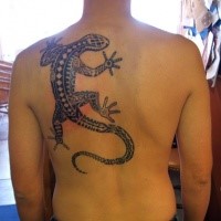 Giant black and white crawling lizard back tattoo in tribal style