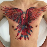 Giant flying bright colored Ara parrot lifelike chest tattoo in 3D style