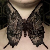 Giant moth with skulls decorated on wings tattoo on neck