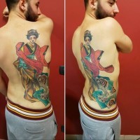 Giant traditionally colored Asian Geisha in long kimono with bright make up back tattoo