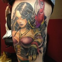 Girl pirate with a parrot on  shoulder by matt difa