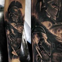 Glorious painted black and white forearm tattoo of spartan warriors