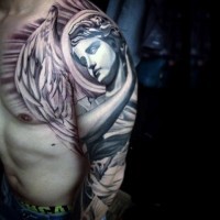 Gorgeous black and white sleeve and shoulder tattoo of big angel statue