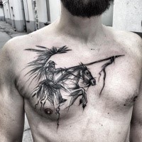 Gorgeous black ink chest tattoo of Asian horse rider