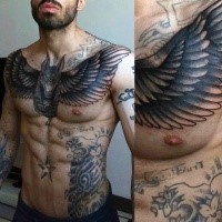 Gorgeous black ink chest tattoo of Egypt God with wings