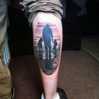 Gorgeous black ink family on lake leg tattoo