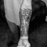 Gorgeous black ink forearm tattoo of lineman with lightning