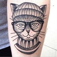 Gorgeous black ink human like cat with glasses tattoo on forearm