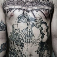 Gorgeous black ink whole back tattoo of Da Vincies art pictures