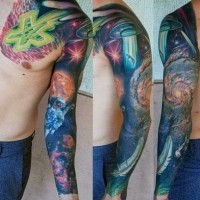 Gorgeous designed and painted massive space themed tattoo on sleeve