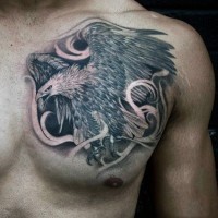 Gorgeous designed black ink flying eagle tattoo in chest