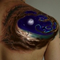 Gorgeous designed colored shoulder tattoo of big tree with night sky