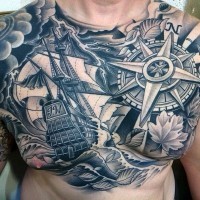 Gorgeous designed massive black and white nautical themed tattoo on chest
