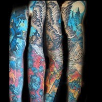 Gorgeous designed massive colorful flying eagle in night fores with flowers tattoo on sleeve