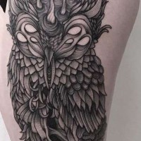 Gorgeous detailed massive fantasy thigh tattoo of demonic owl