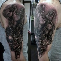 Gorgeous detailed shoulder tattoo of various Marvel comic books heroes
