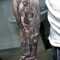 Gorgeous lifelike colored forearm tattoo of woman face with clock