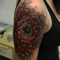 Gorgeous looking colored shoulder tattoo of chrysanthemum flower