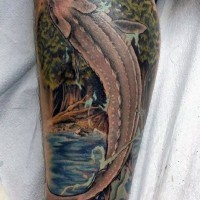 mozzafiato dipinto dettagliato massiccio pesce saltando tatuaggio su gamba