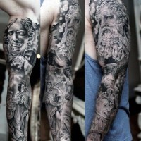 Gorgeous painted black and white ancient statues tattoo on sleeve