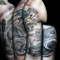 Gorgeous painted black and white nautical themed tattoo on arm