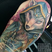 Gorgeous painted colored fantasy fox shaped witch tattoo on shoulder