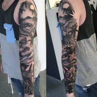 Gorgeous painted massive black and white tropical island with various animals tattoo on sleeve