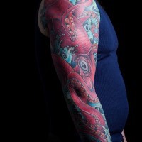 Tatuaje en el brazo completo, pulpo enorme rojo  espléndido