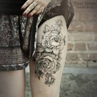 Gorgeous peonies tattoo on thigh for women by severinenko