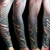 Gorgeous realistic like black and white ornament with lettering tattoo on sleeve