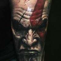 Herrliches sehr detailliertes 3D  farbiges Unterarm Tattoo des bösen Barbars