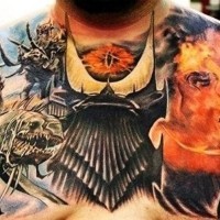Gorgeous very detailed colorful Lord of the Rings themed tattoo on chest
