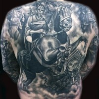 Gorgeous very detailed fantasy horse riders tattoo on whole back