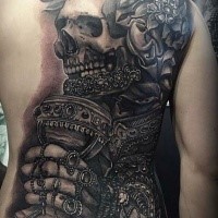 Gorgeous very detailed whole back tattoo of ancient skeleton with jewelries