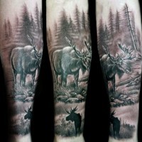 Gorgeous wild nature themed forearm tattoo of big elk in deep forest