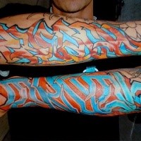 Graffiti style colored forearm tattoo of lettering