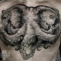 Gray ashed style large half elephant half octopus tattoo on chest