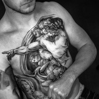Gray washed style big ancient statues tattoo on chest and belly